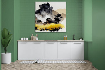 Golden Blossoms and Traditional Houses: Captivating Chinese Ink Art Print