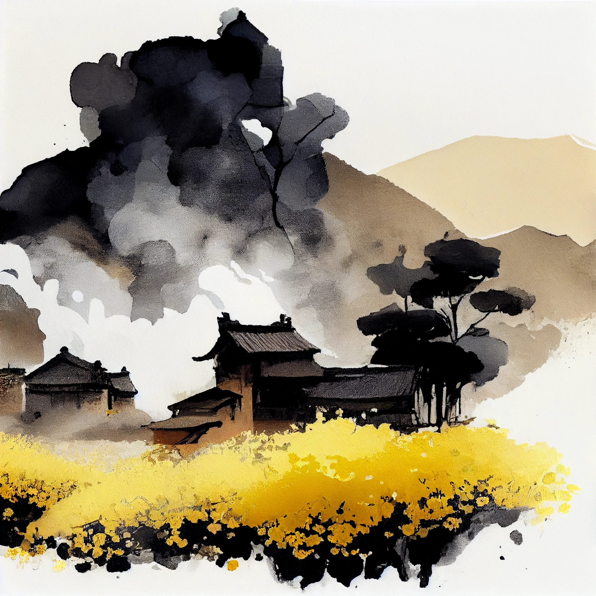 Golden Blossoms and Traditional Houses: Captivating Chinese Ink Art Print