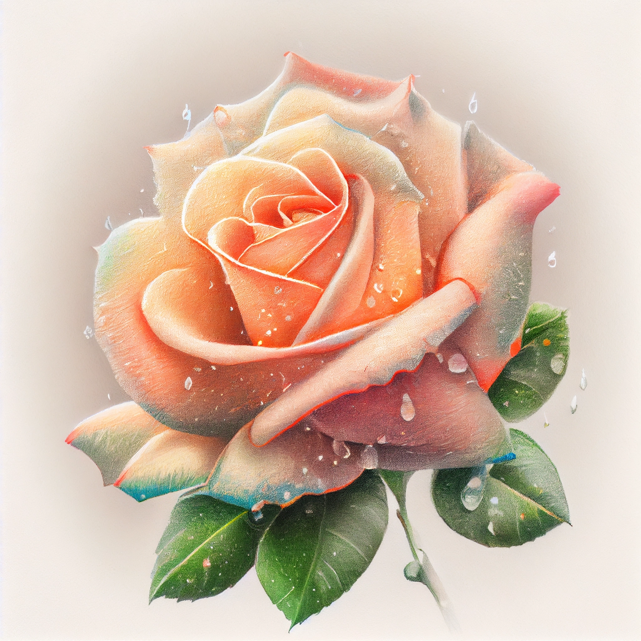 Dewy Delight: Pencil Art Print of Cream Rose with Glistening Dewdrops