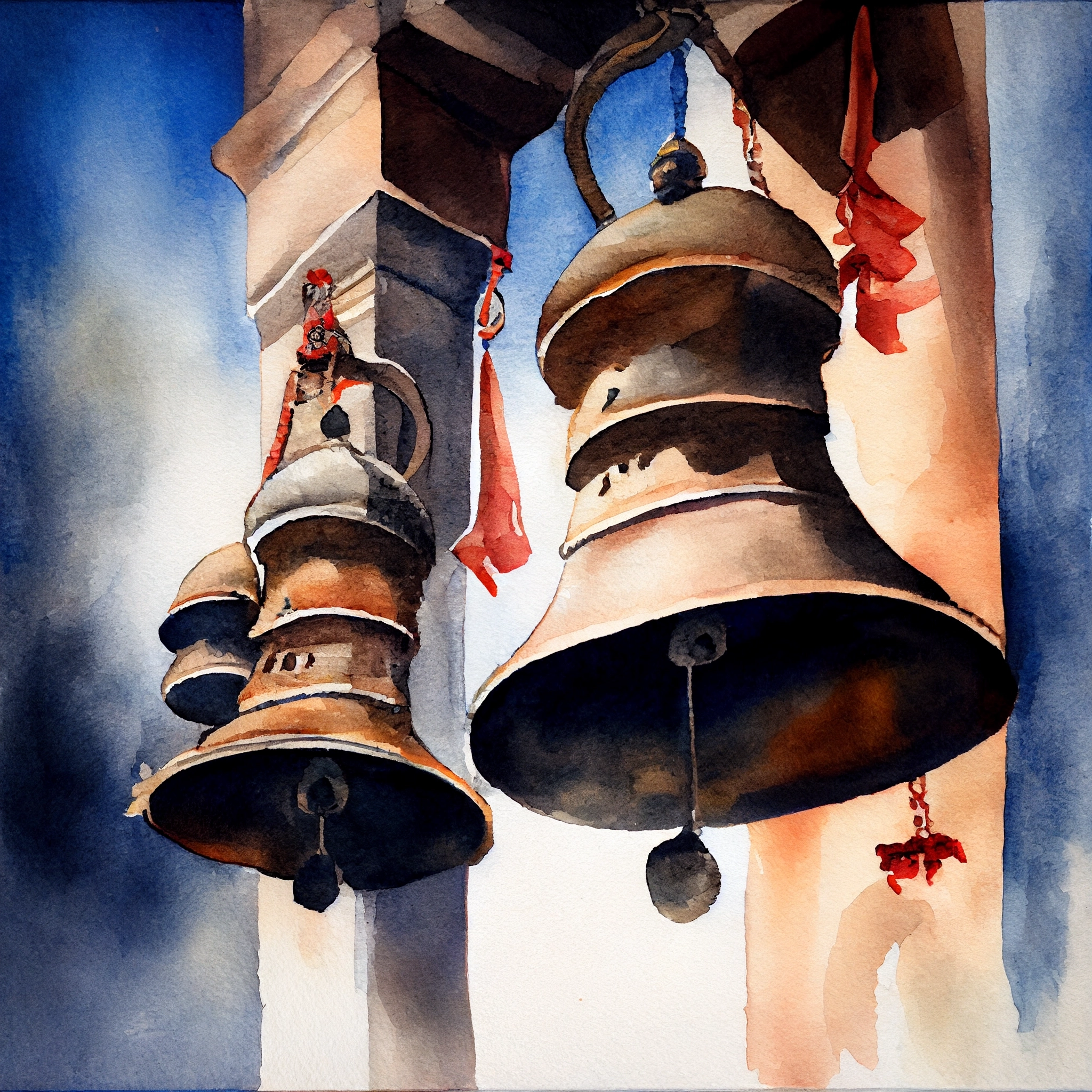 Sacred Chimes: A Watercolor Art Print of the Bells of a Hindu Temple