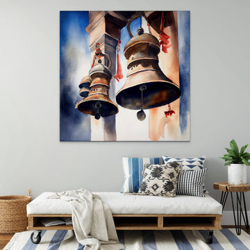 Sacred Chimes: A Watercolor Art Print of the Bells of a Hindu Temple
