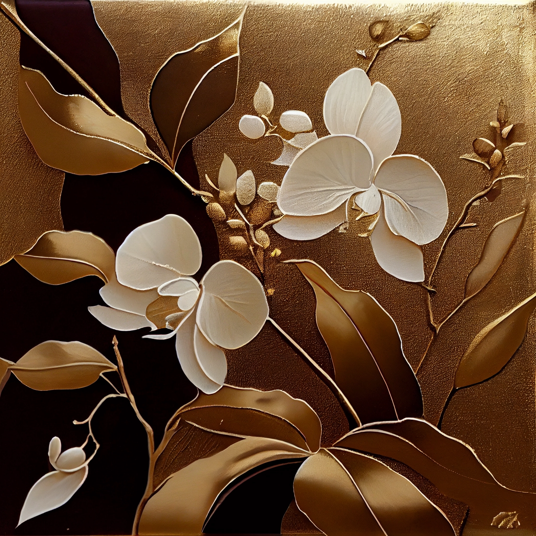 Golden Elegance: White Orchids with Gold Leaf Print