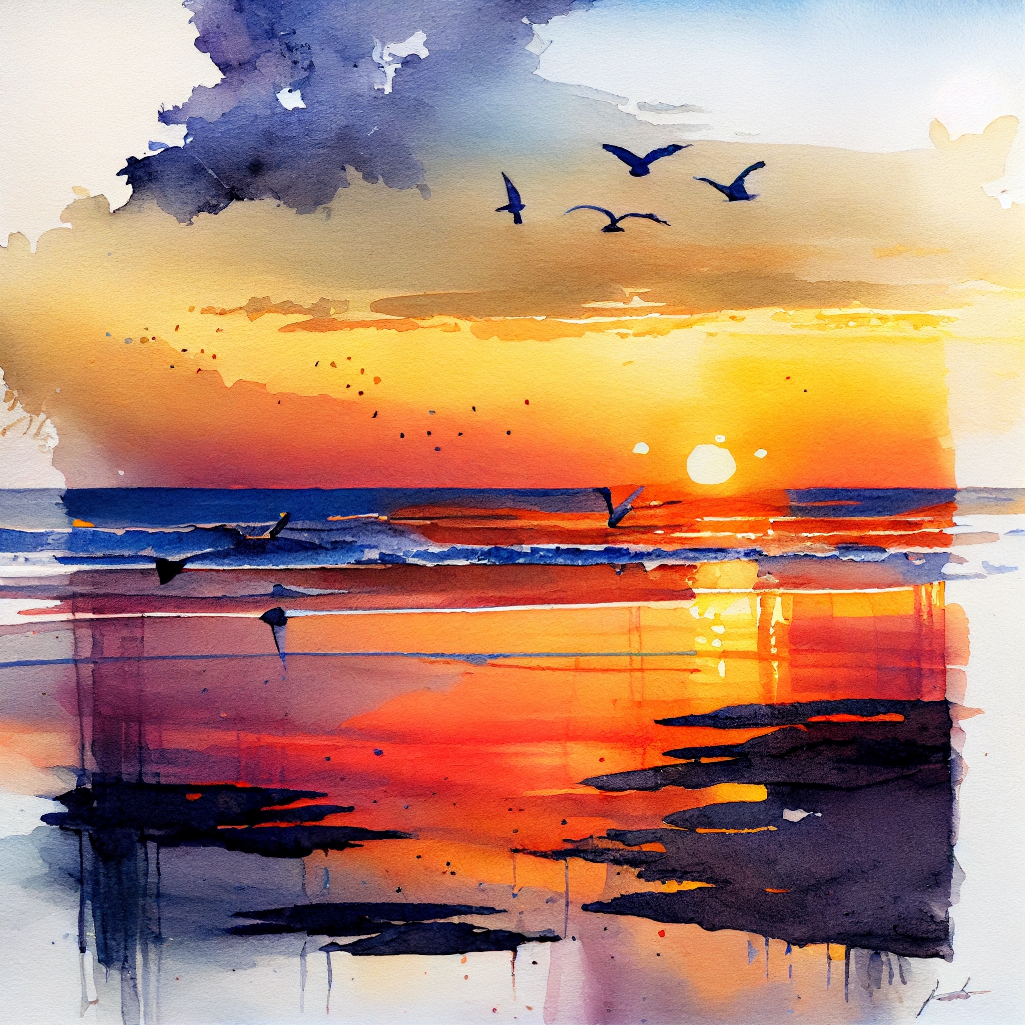 Serene Sunset at the Beach: A Captivating Watercolor Painting Print