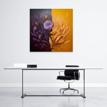 "Radiant Harvest: Dandelion and Wheat on an Orange and Lavender Background"