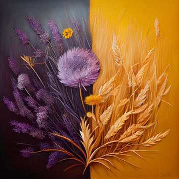"Radiant Harvest: Dandelion and Wheat on an Orange and Lavender Background"
