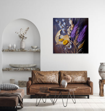 "A Oil Color Print of Wheat and Dandelion on a Serene Peach Lavender Background - Bring Nature's Beauty to Your Space"