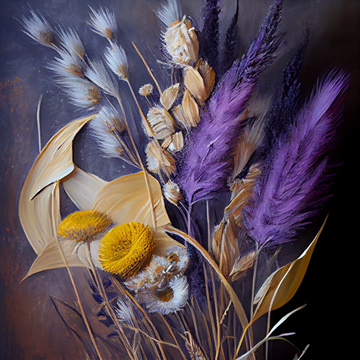 "A Oil Color Print of Wheat and Dandelion on a Serene Peach Lavender Background - Bring Nature's Beauty to Your Space"