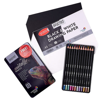 BRUSTRO Artist Metallic Colour Pencil Set of 12 (Free Black & White drawing paper, 24 sheets A5 worth Rs 200)