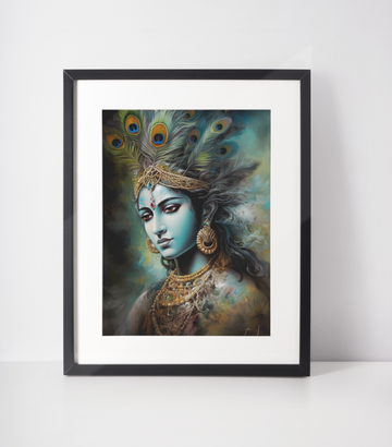 Divine Splendor: A Vibrant Airbrushed Oil Color Print of Lord Krishna in Shades of Blue, Green, and Peacock Feathers