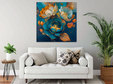 "Teal Blue & Gold Orange Flowers Oil Painting Print"