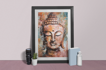 An Abstract Expressionist Acrylic Color Print of Lord Buddha in Shades of Peach and White