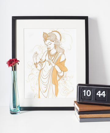 A Minimalistic Lord Krishna One Line Art Print on White Background in Golden Hues