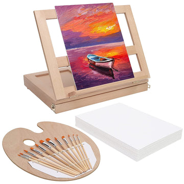 Casacrest Table Top Easel - Portable Desktop Beech Wood Easel with Adjustable Storage Box Painting Set for Professional Art,Sketching & Drawing Kit (1 Paint Palette, 12 Paint Brushes, 12 Canvas Panels)